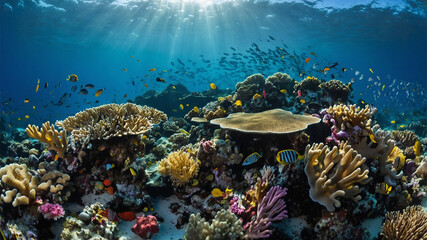 Obraz premium Vibrant underwater coral reef teeming with fish under the sun's rays in the blue ocean