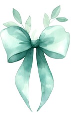 A green bow watercolor on a white background a green Ribbon,generation AI 