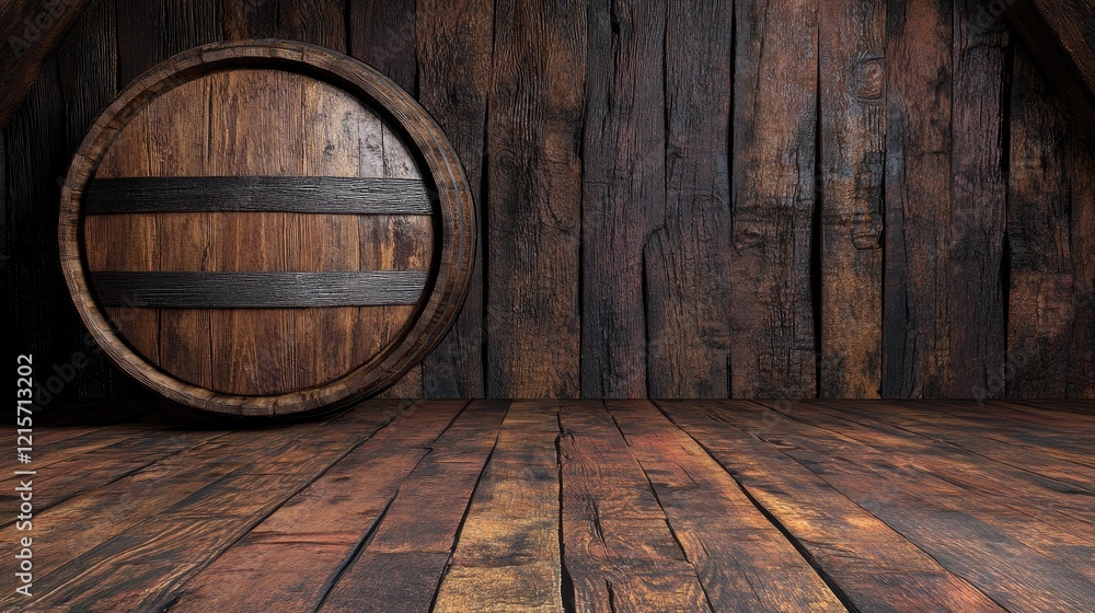 Poster rustic aged whiskey barrel in winery storage with wooden background and empty space for custom text 