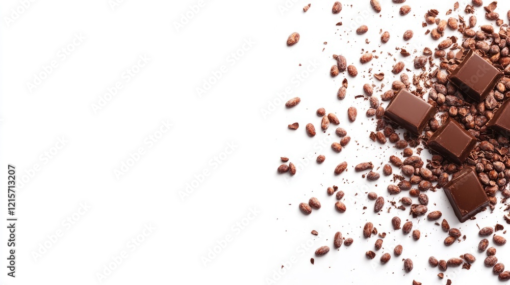 Poster chocolate pieces and cocoa beans scattered on white background with copy space for text insertion