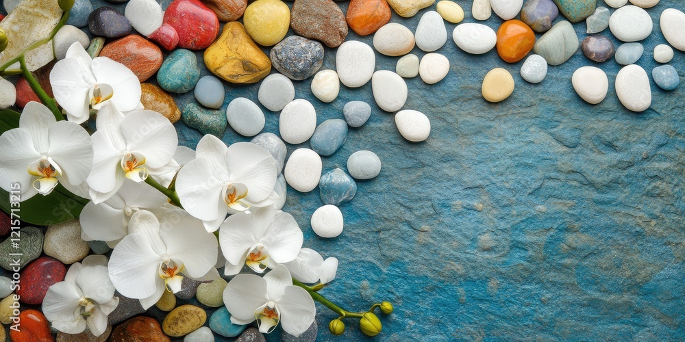 Poster elegant white orchid flower arrangement on a colorful pebble background with ample space for text or