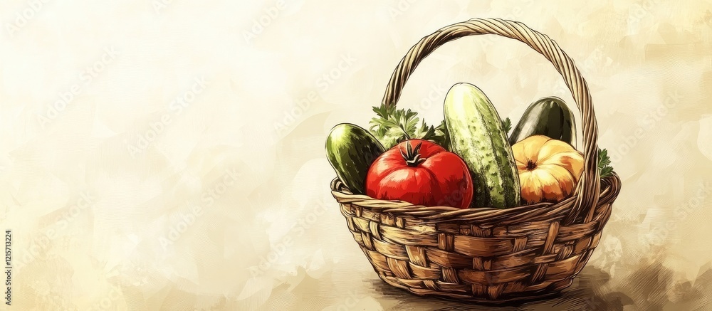 Aufkleber basket of fresh harvested vegetables with tomatoes and cucumbers in a vintage style setting featurin