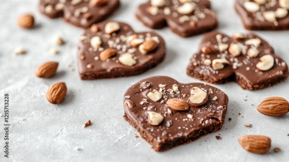 Poster heart-shaped chocolate cookies topped with almonds and nuts on a light textured surface with scatter