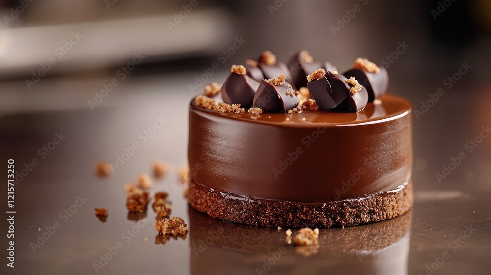 Poster chocolate mousse cake with a glossy ganache topping and chocolate curls on a dark background copy sp