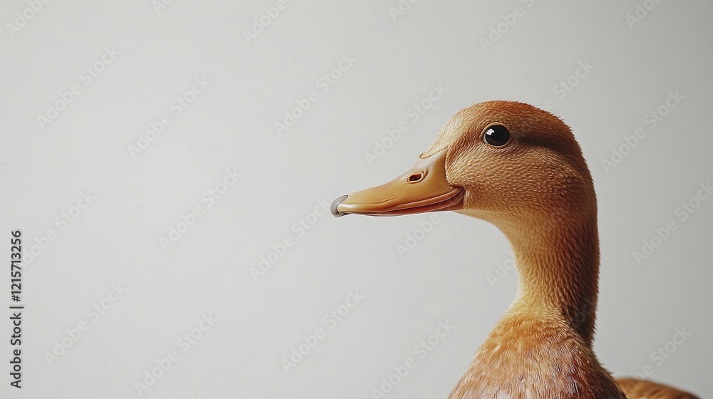 Poster close-up portrait of a duck with a neutral background and ample copy space for text addition.