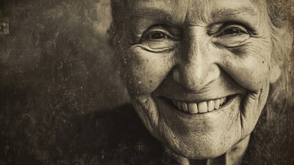 Smiling elderly woman in aged black and white photograph with empty space for text placement creating a nostalgic and emotional atmosphere