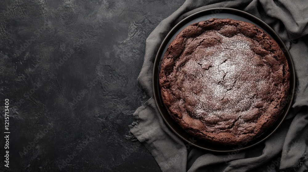 Poster chocolate cake on a dark stone background with a gray cloth, featuring textured surface and copy spa