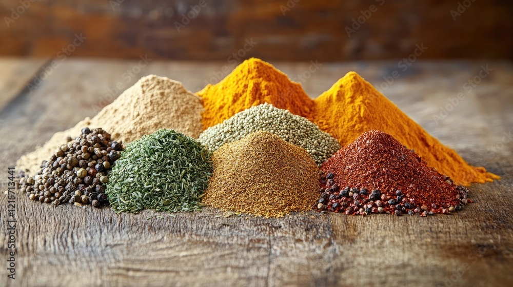 Poster assorted colorful spices piled on rustic wooden surface with blank space for creative text or cookin