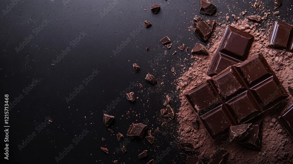 Aufkleber dark chocolate bars and cocoa powder on a black background with copy space for text placement