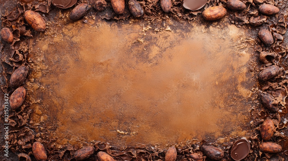 Poster brown textured background with cocoa beans and chocolate pieces arranged in a frame for copy space