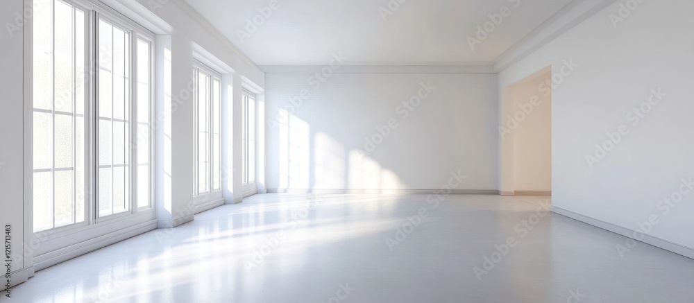 Poster empty modern interior space with large windows illuminating the room, featuring minimalist design an