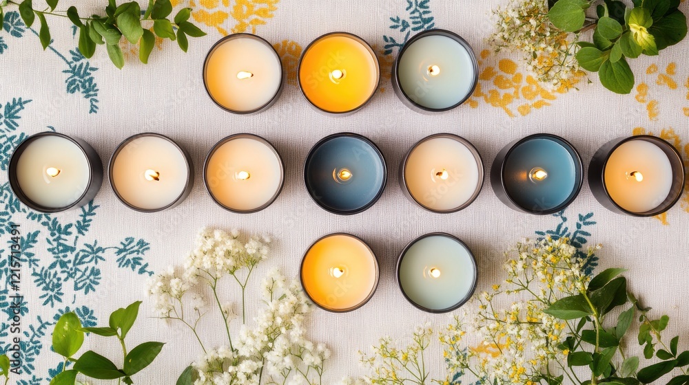 Poster assorted tealight candles elegantly arranged on a patterned table with fresh greenery and decorative