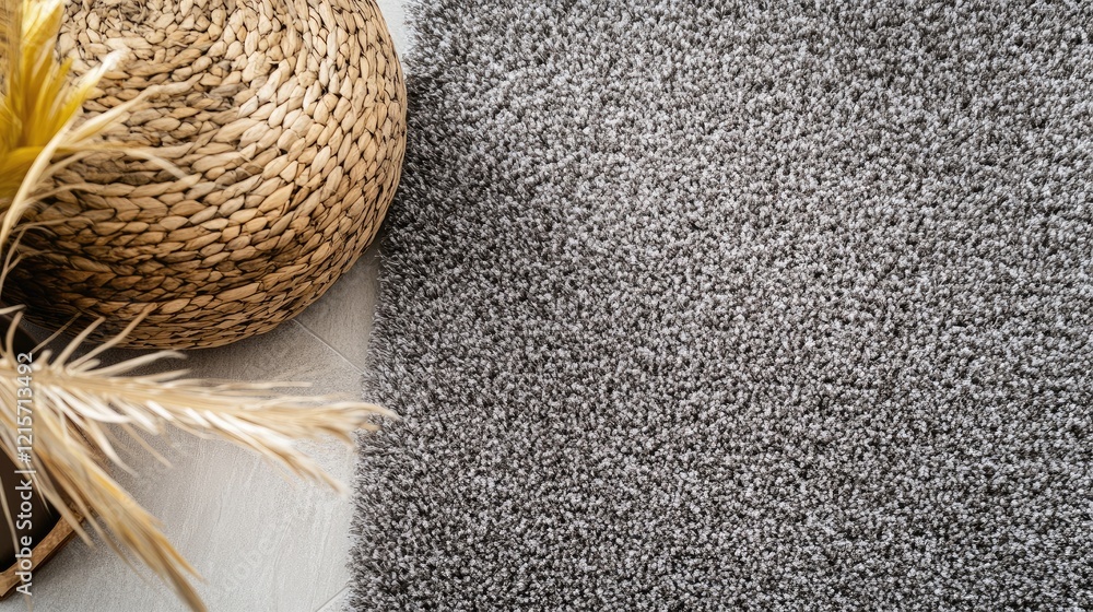 Poster gray polypropylene carpet on light floor with wicker basket and space for text placement in modern i