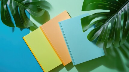 Colorful notebooks on vibrant blue and green background with tropical leaves for copy space