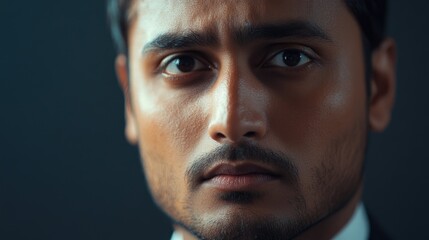 Obraz premium Close up of worried businessman reflecting anxiety over job security and project failure with copy space for text in professional setting