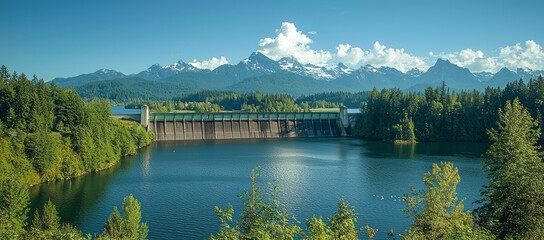 Mountain lake dam, scenic view, nature background, energy
