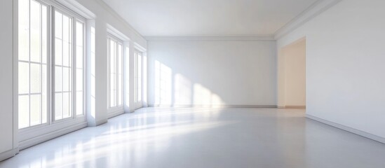 Fototapeta premium Empty modern interior space with large windows illuminating the room, featuring minimalist design and ample copy space for text.