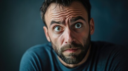 Fototapeta premium Intense expression of a man with a beard and worried eyes against a dark background Copy Space