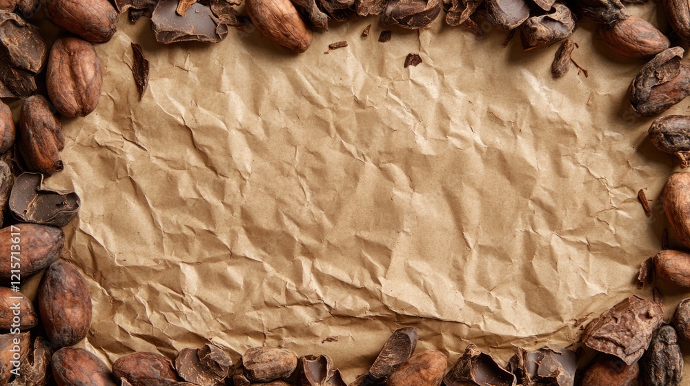 Poster textured crumpled paper background framed by cocoa beans and shells copy space