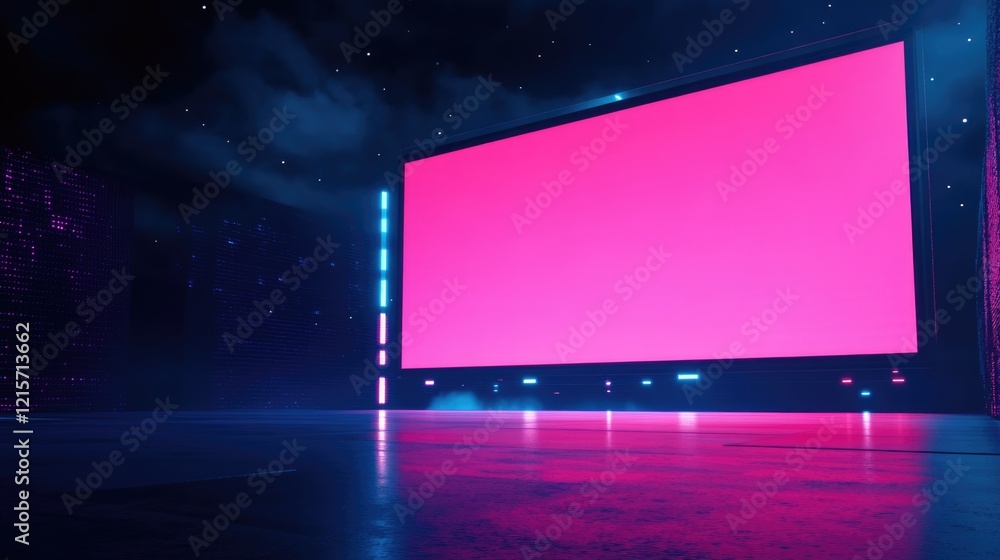 Poster ai startup pitch stage with blank screen for text insertion and futuristic ambient lighting in a dar