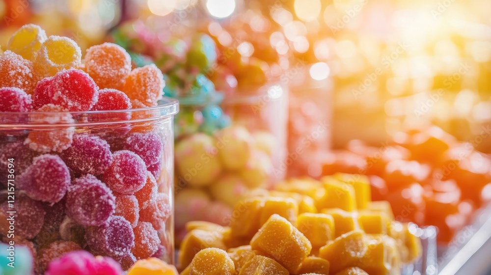 Poster colorful assorted sweets in jars displayed at a bakery with a blurred background highlighting the vi