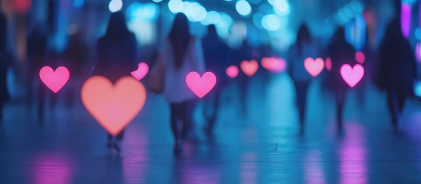 Social media follower tracking concept with blurred silhouettes and heart icons illustrating engagement metrics and space for text. - Powered by Adobe