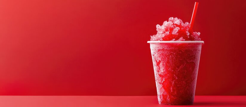 Red slushy drink in a cup with a straw on vibrant red background with copy space for text