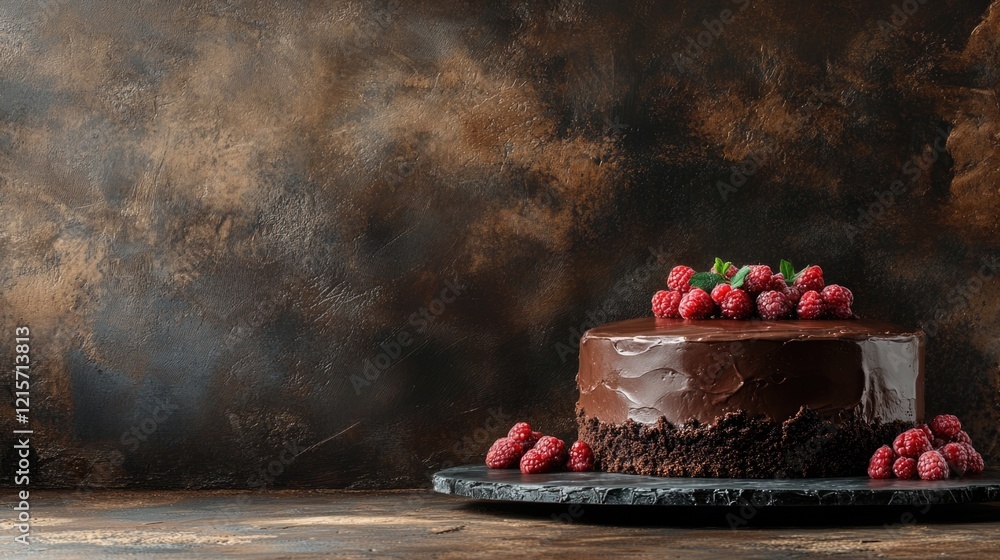 Poster chocolate cake with raspberries on a slate platter against a textured dark background with copy spac