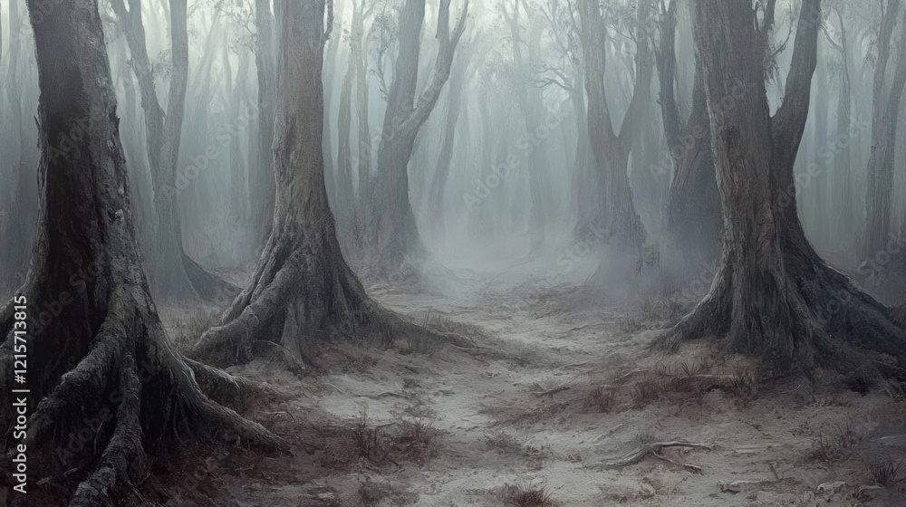 Poster misty forest landscape with tall trees and fog in a dark atmosphere featuring textured roots and a d