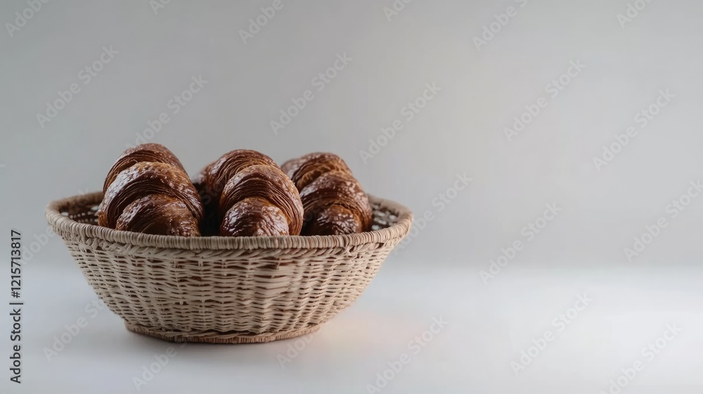 Poster freshly baked croissants arranged in a wicker basket on a light background with ample copy space for