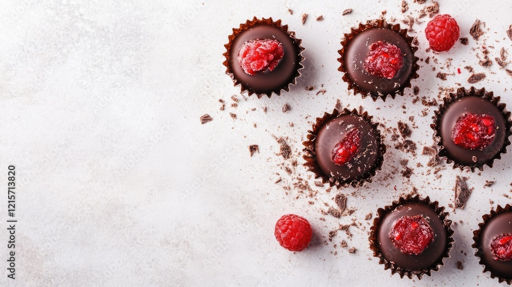 Poster chocolate raspberry cups with fresh raspberries and chocolate shavings on a light background copy sp