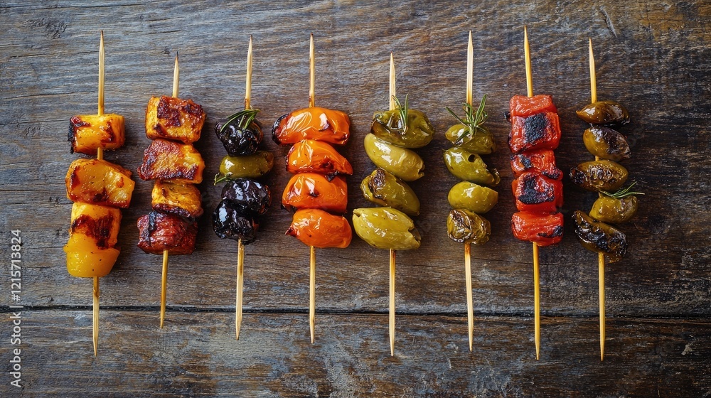 Poster assorted tapas skewers with marinated olives arranged on rustic wooden table showcasing vibrant colo