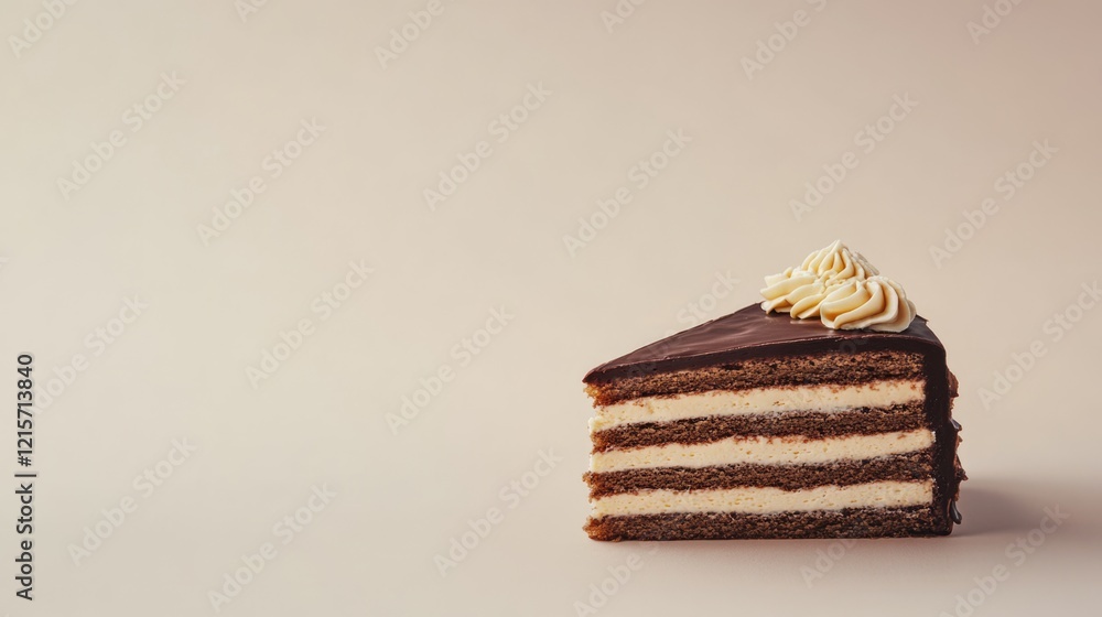 Poster chocolate layer cake slice with vanilla cream filling and swirl topping on beige background with cop