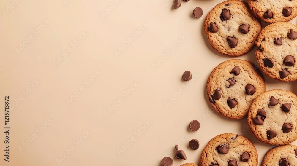 Poster chocolate chip cookies arranged on a beige background with copy space for text.
