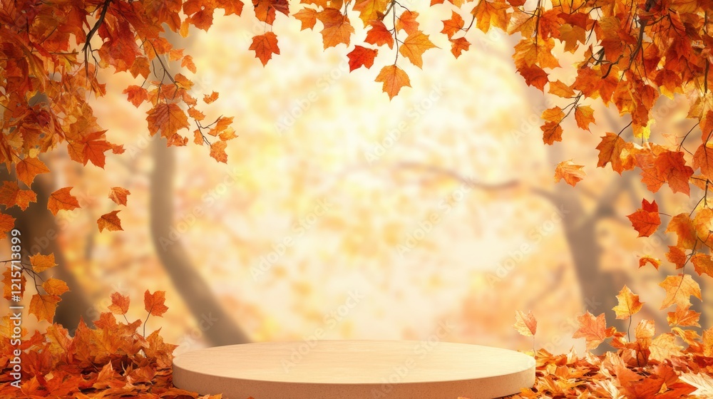 Poster autumn seasonal backdrop with falling leaves and circular display platform featuring copy space for 