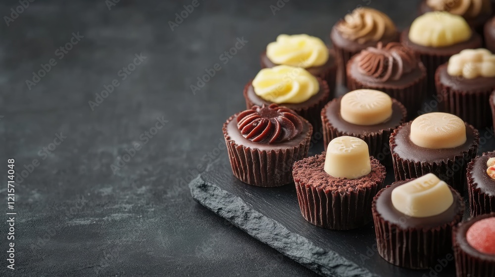 Aufkleber chocolate cupcakes displayed on a slate platter with decorative toppings and copy space for text.