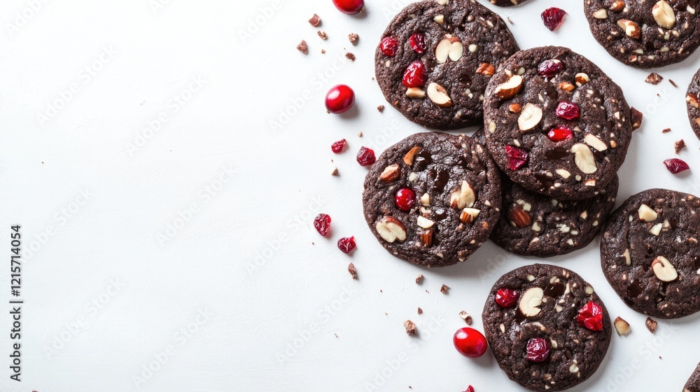 Poster chocolate cookies with nuts and dried fruits on white background with copy space for text.