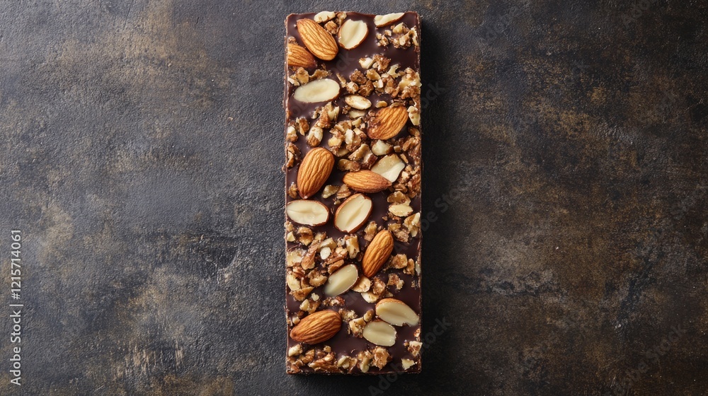 Poster nutrient dense chocolate bar topped with almonds and mixed nuts on dark textured background copy spa