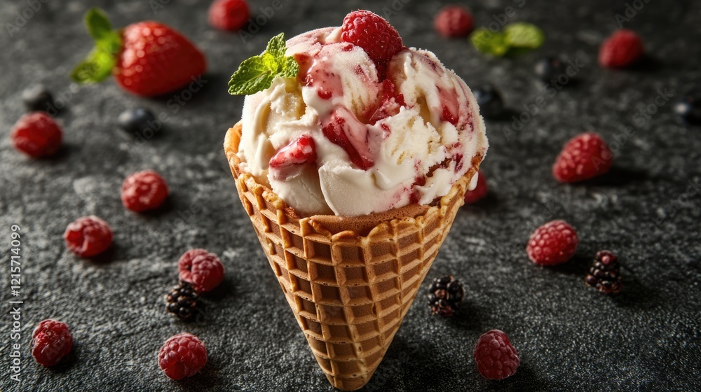 Aufkleber ice cream cone with raspberry sauce and fresh berries on dark textured background copy space