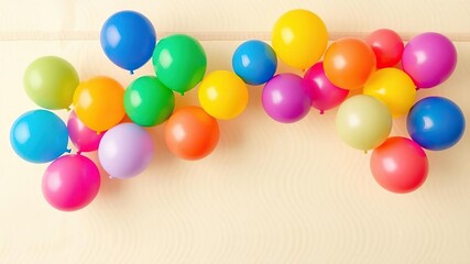 Colorful balloons arranged in a diagonal line on a cream-colored background with a subtle pattern resembling a table runner, diagonal shape, celebration