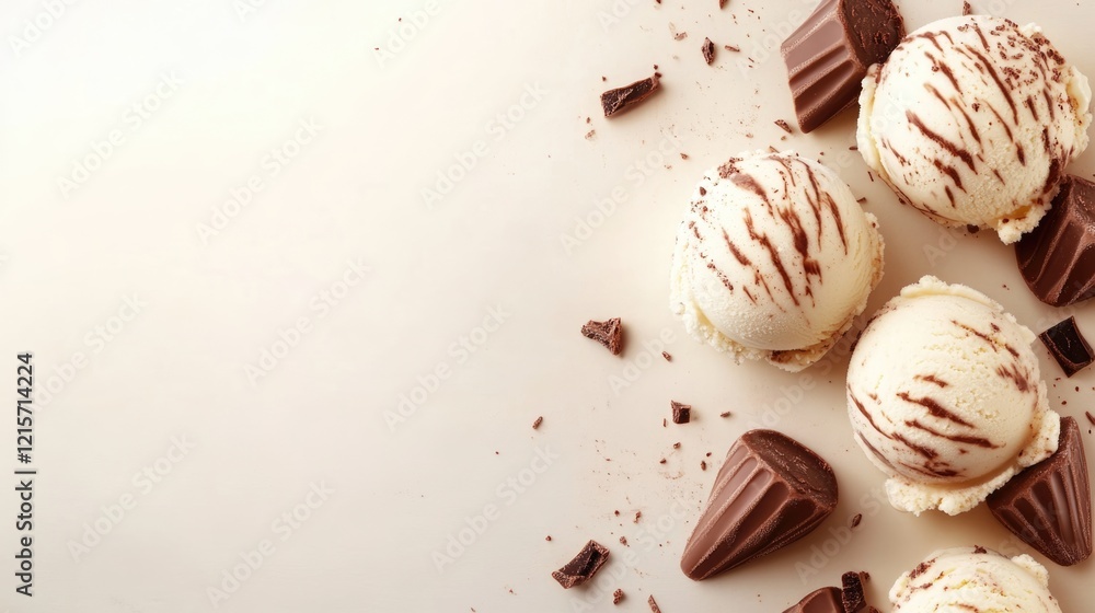 Poster ice cream scoops with chocolate chunks and drizzled sauce on light background with copy space