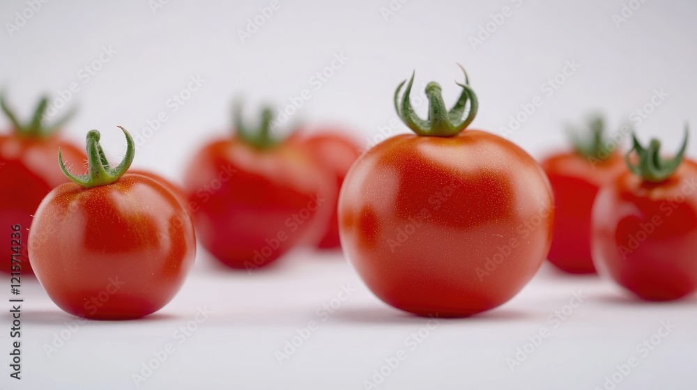 Poster assorted fresh tomatoes in different sizes and shapes arranged on a clean white background for culin
