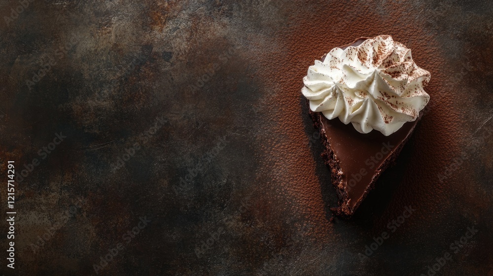 Poster chocolate pie slice topped with whipped cream and cocoa powder on a textured dark background with co