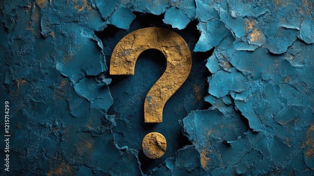 Fototapete blue textured wall with a golden question mark emerging from cracked surface and copy space for text