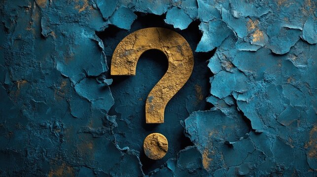Blue textured wall with a golden question mark emerging from cracked surface and copy space for text placement.