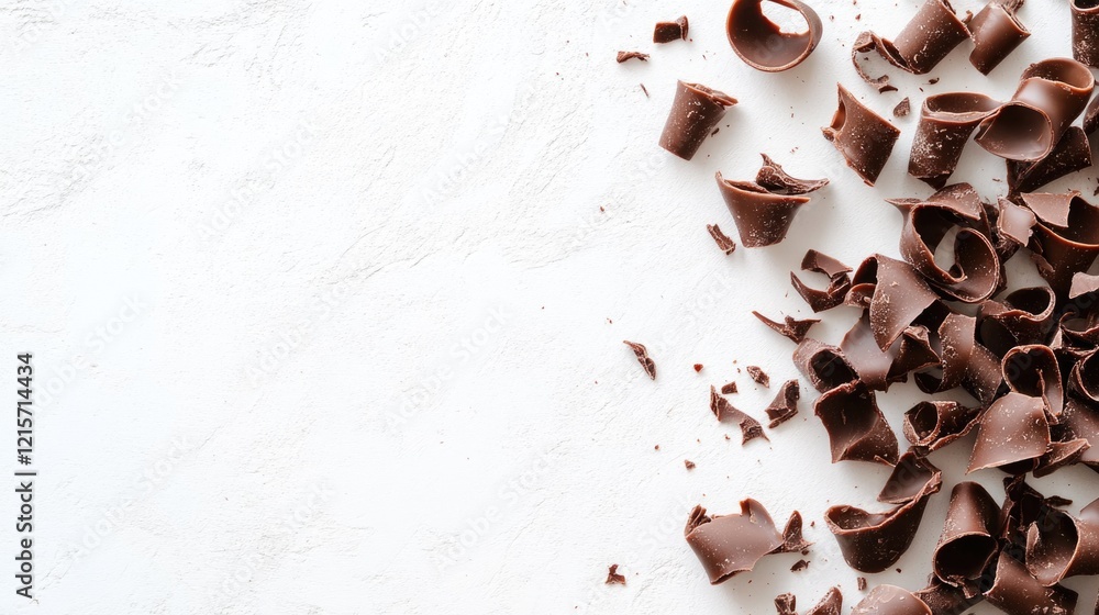 Poster chocolate shavings on white textured background with copy space for text placement
