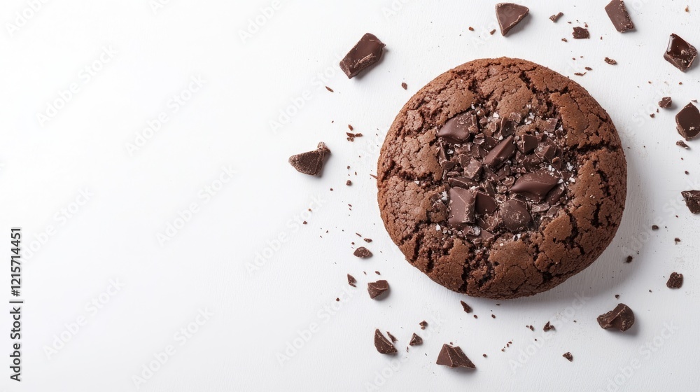 Poster chocolate chip cookie with chocolate chunks and scattered crumbs on white background with copy space