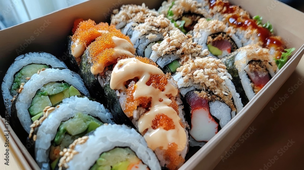 Poster assorted sushi rolls with diverse fillings arranged in a stylish takeout box inviting culinary explo