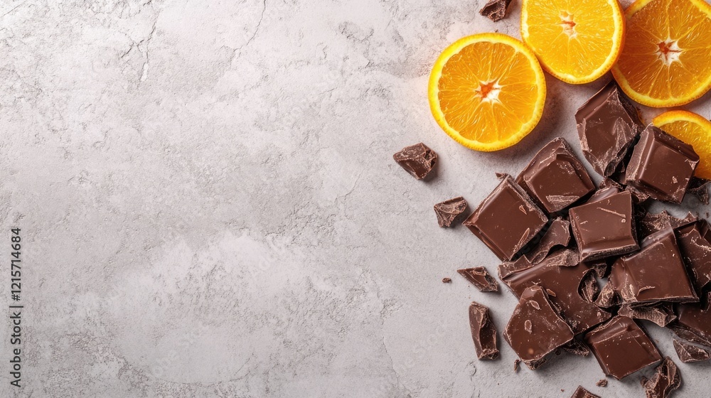 Poster chocolate pieces and orange slices on a textured gray background with copy space for text placement