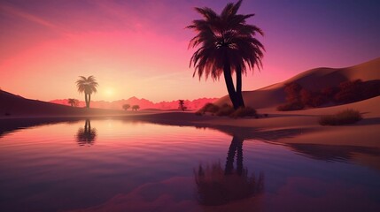 Tranquil Desert Oasis Reflecting a Vibrant Sunset